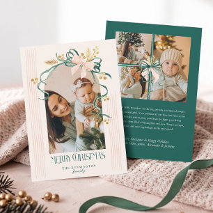 Elegant Merry Christmas Green Pink Bow Arch Photo Holiday Card