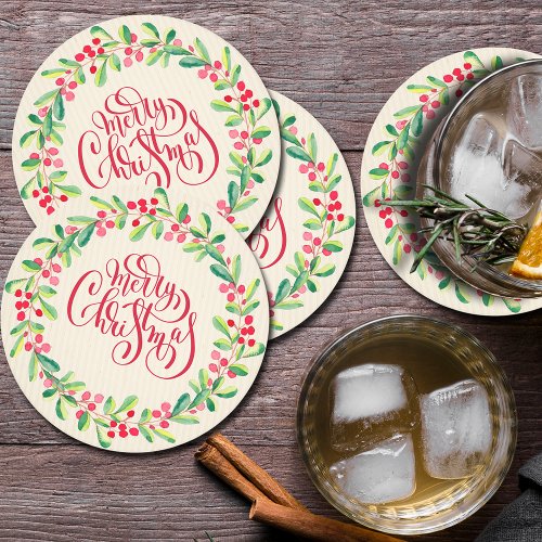 Elegant Merry Christmas Greenery and Berries Round Paper Coaster