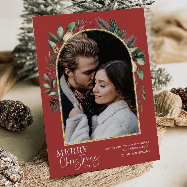 Elegant Merry Christmas Greenery Gold Arch Photo Holiday Card (Creator Uploaded)