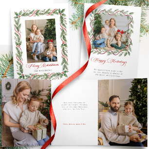 Elegant Merry Christmas Greenery w/Ribbon Photo Tri-Fold Card