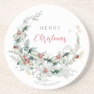 Elegant Merry Christmas half wreath watercolor Coa Coaster