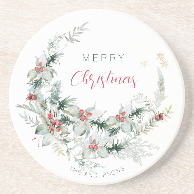 Elegant Merry Christmas half wreath watercolor Coa Coaster (Front)