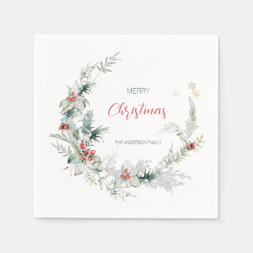 Elegant Merry Christmas half wreath watercolor Napkins
