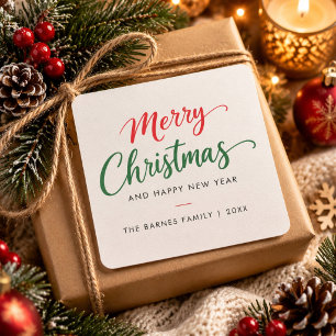 Elegant Merry Christmas Happy New Year Handwritten Square Sticker