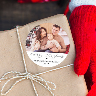 Elegant Merry Christmas Heart Family Photo Classic Round Sticker