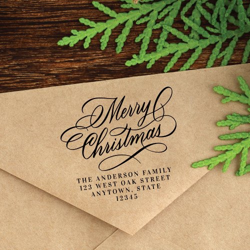 Elegant Merry Christmas Holiday Return Address Rubber Stamp