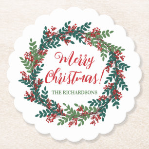 Elegant Merry Christmas Holiday Wreath Name Paper Coaster