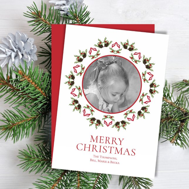 Elegant Merry Christmas Holly and Greenery Photo Holiday Card (Christmas red and green foliage photo card template. )