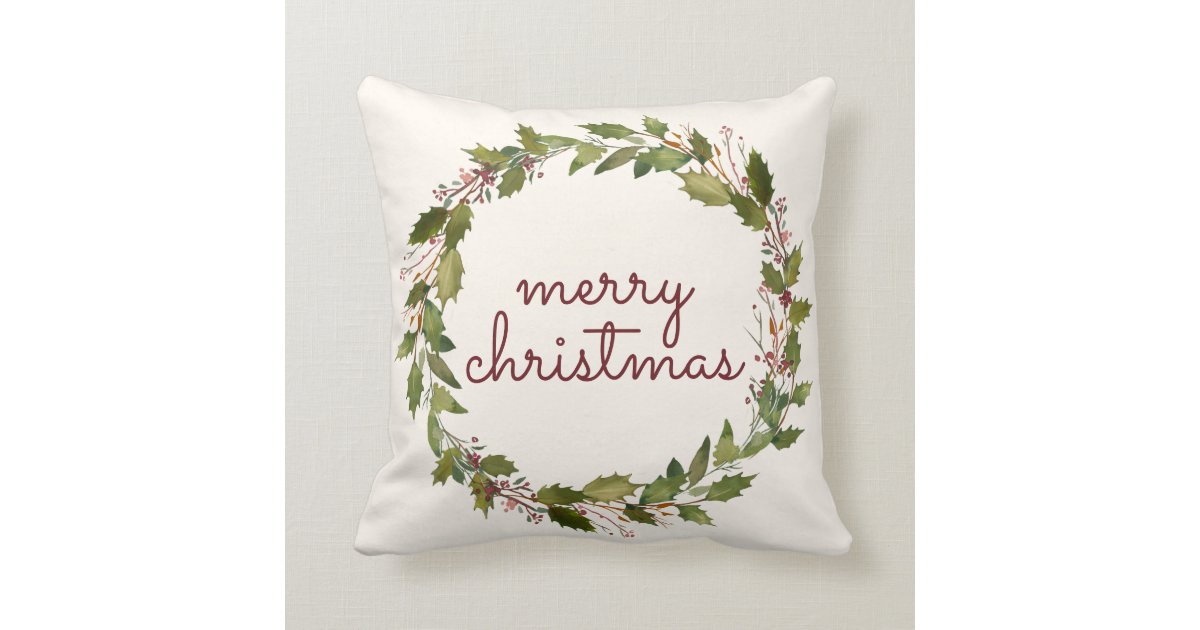 Elegant Merry Christmas Holly Berry Vintage Script Throw Pillow