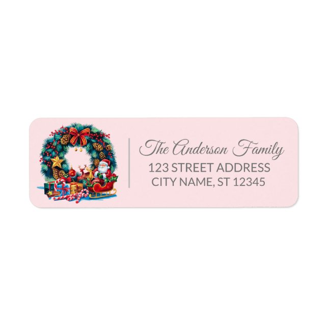 Elegant Merry Christmas Holly Wreath Pink          Label (Front)