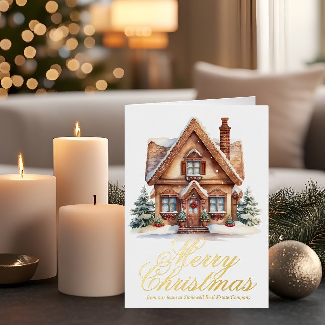 Elegant Merry Christmas House Custom Business Gold Foil Holiday Card (Creator Uploaded)
