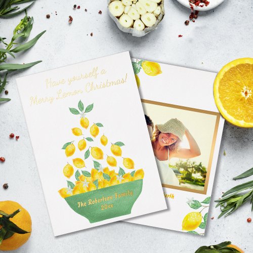 Elegant Merry Christmas Lemon Tree Custom Photo Foil Holiday Card
