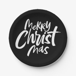 Elegant Merry Christmas Lettering Elegant Black Paper Plates