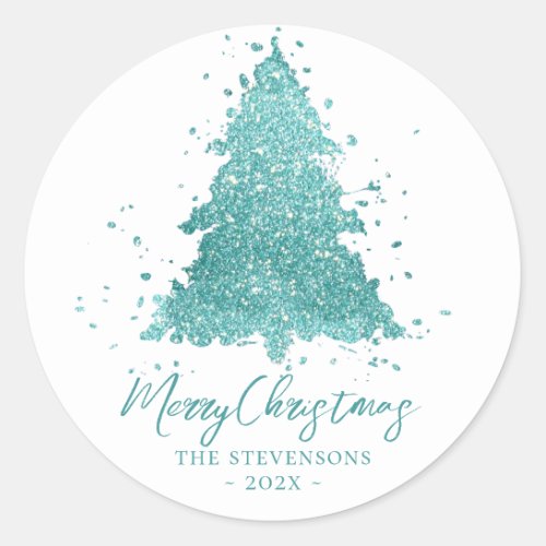 Elegant Merry Christmas  Luxe Aqua Mint Custom Classic Round Sticker