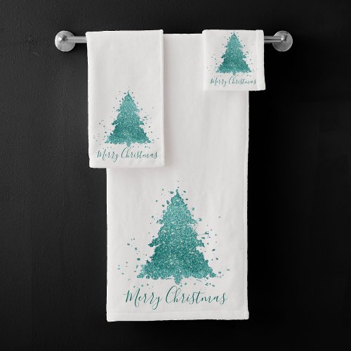 Elegant Merry Christmas  Luxe Aqua Mint Splatter Bath Towel Set