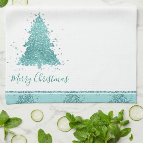 Elegant Merry Christmas  Luxe Aqua Mint Splatter Kitchen Towel