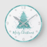 Elegant Merry Christmas | Luxe Aqua Mint Splatter Round Clock