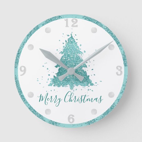 Elegant Merry Christmas  Luxe Aqua Mint Splatter Round Clock