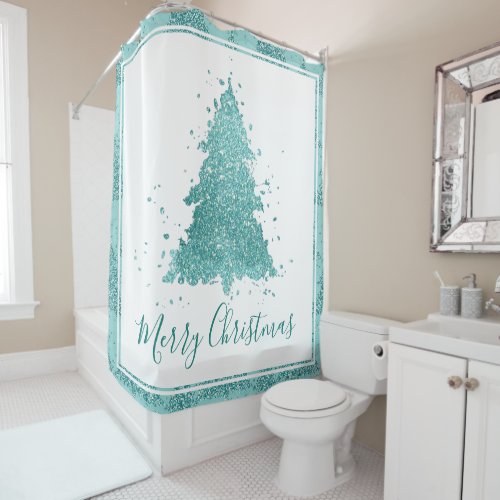 Elegant Merry Christmas  Luxe Aqua Mint Splatter Shower Curtain