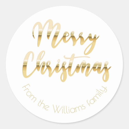 Elegant Merry Christmas metallic gold look white Classic Round Sticker