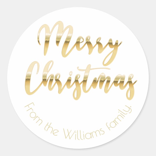 Elegant Merry Christmas metallic gold look white Classic Round Sticker (Front)