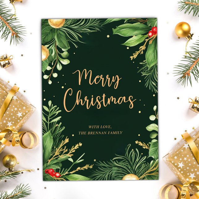Elegant Merry Christmas Modern Botanical Greenery Holiday Card (Elegant Merry Christmas Modern Botanical Greenery Holiday Card)