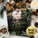 Elegant Merry Christmas Modern Photo Pine Cone Foil Holiday Card<br><div class="desc">Get in the spirit with this elegant script calligraphy family photo real foil (gold,  silver,  or rose gold) holiday card! Modern watercolor foliage branches with berries,  holly,  pine,  cotton,  and eucalyptus on muted earth tones elevate this whimsical and festive card design on the back.</div>