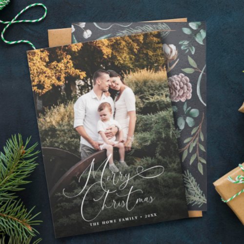 Elegant Merry Christmas Modern Photo Pine Cone Holiday Card