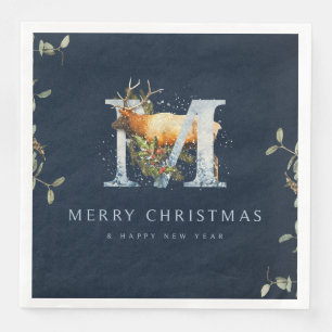 Elegant Merry Christmas Monogram Reindeer Paper Dinner Napkins