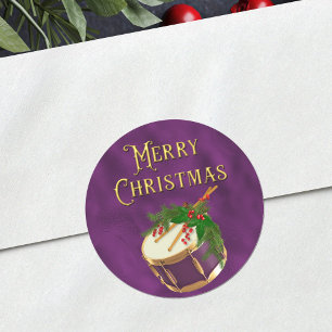 Elegant Merry Christmas Music Drum Purple Classic Round Sticker