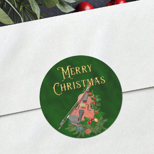 Elegant Merry Christmas Music Violin Green Classic Round Sticker