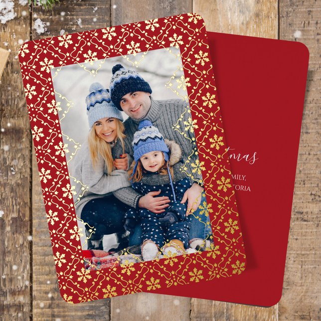 Elegant Merry Christmas One Photo Snowflake Foil Holiday Card (Merry Christmas holiday photo card template with real gold foil.)