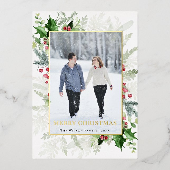 Elegant Merry Christmas Photo Gold Foil Holiday Card (Front)