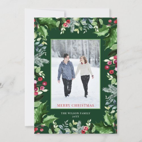 Elegant Merry Christmas Photo Watercolor Greenery Holiday Card