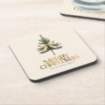 Elegant Merry Christmas Pine Tree Bow Family Beverage Coaster<br><div class="desc">Add a touch of elegance to your holiday gatherings with these custom "Merry Christmas" coasters! Featuring a gold script and pine tree bow,  personalize them with your family name for a festive and classy touch to your table. Perfect for keeping things merry and bright!</div>