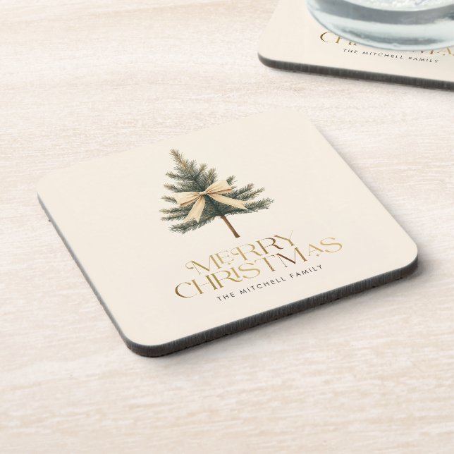 Elegant Merry Christmas Pine Tree Bow Family Beverage Coaster (Left Side)