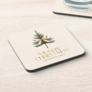 Elegant Merry Christmas Pine Tree Bow Family Beverage Coaster