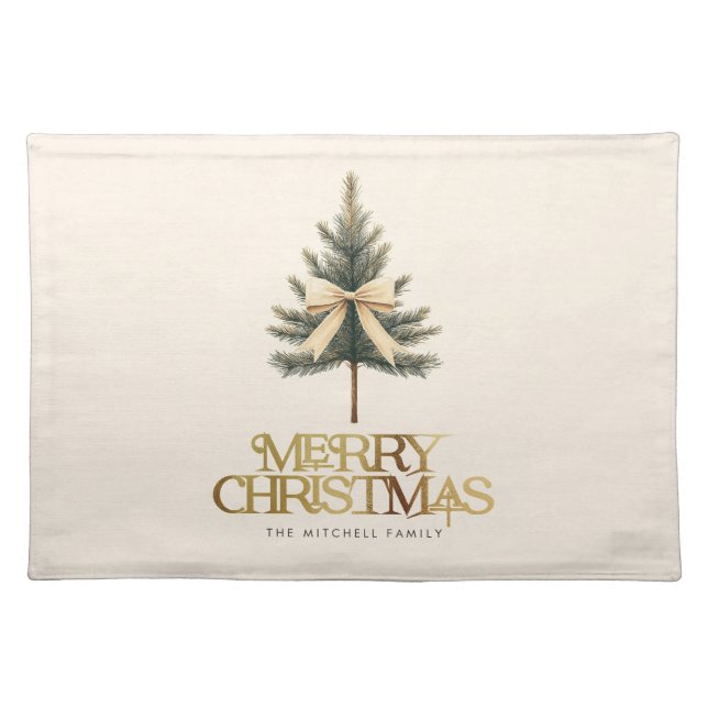 Elegant Merry Christmas Pine Tree Bow Family Cloth Placemat (Front)