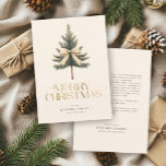 Elegant Merry Christmas Pine Tree Bow Family Holiday Card<br><div class="desc">Send warm holiday wishes with this elegant family card featuring a gold "Merry Christmas" script and pine tree bow. Add your custom message on the back for a personal touch (or erase what's there and leave blank),  perfect for festive greetings with style!</div>