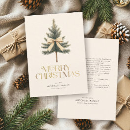 Elegant Merry Christmas Pine Tree Bow Family Holiday Card