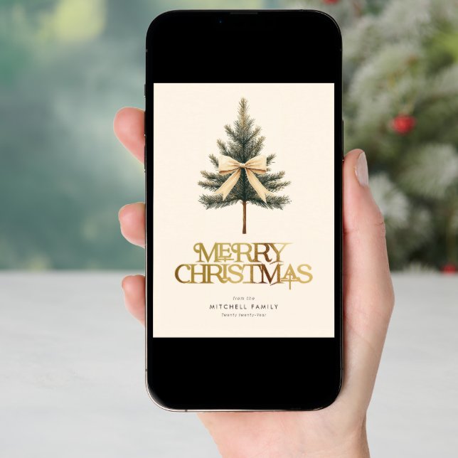 Elegant Merry Christmas Pine Tree Bow Family Holiday Card (Front Digital)
