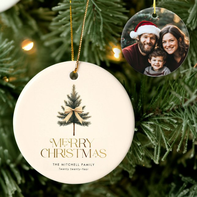 Elegant Merry Christmas Pine Tree Bow Family Photo Ceramic Ornament (Creator Uploaded)