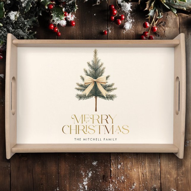 Elegant Merry Christmas Pine Tree Bow Family Serving Tray (Creator Uploaded)