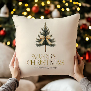 Elegant Merry Christmas Pine Tree Bow Family Throw Pillow