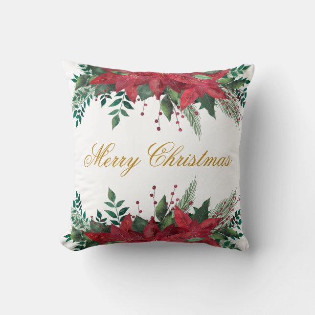 Elegant Merry Christmas Poinsettia Floral Throw Pillow (Front)