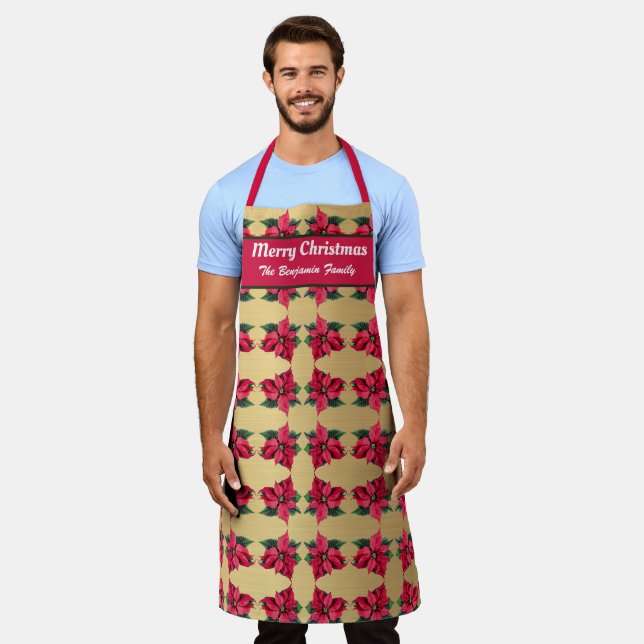Elegant Merry Christmas Poinsettia Personalize  Apron (Worn)