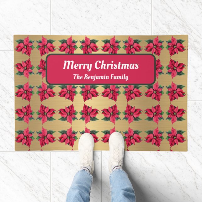 Elegant Merry Christmas Poinsettia Personalize  Doormat (Indoor)