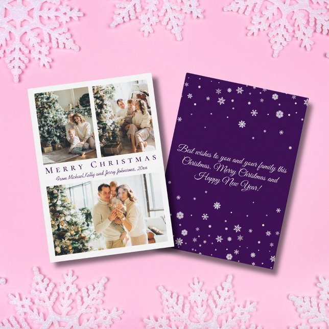 elegant merry christmas purple 3 photos collage  note card (Creator Uploaded)