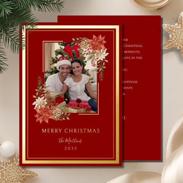 Elegant Merry Christmas Red and Gold Photo Foil Holiday Card (Creator Uploaded)