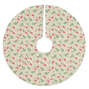 Elegant Merry Christmas Red and Green Holly Berry Brushed Polyester Tree Skirt